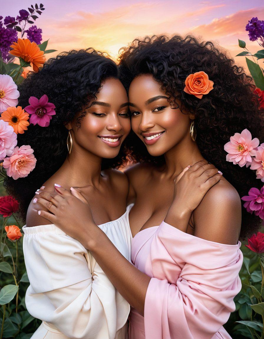 A soft-lit, intimate scene featuring curvaceous women of different ethnicities embracing each other in a warm, affectionate atmosphere. Surround them with lush flowers in various shades of pink and red, symbolizing passion and love. Include gentle touches like intertwined fingers and playful smiles, capturing the essence of beauty and celebration. The background should be a dreamy sunset sky with hues of orange and purple. super-realistic. vibrant colors. intimate mood.